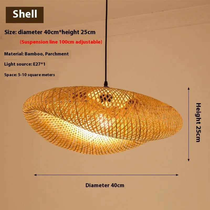 Natural bamboo Chinese zen tea room chandelier with 40cm diameter shell