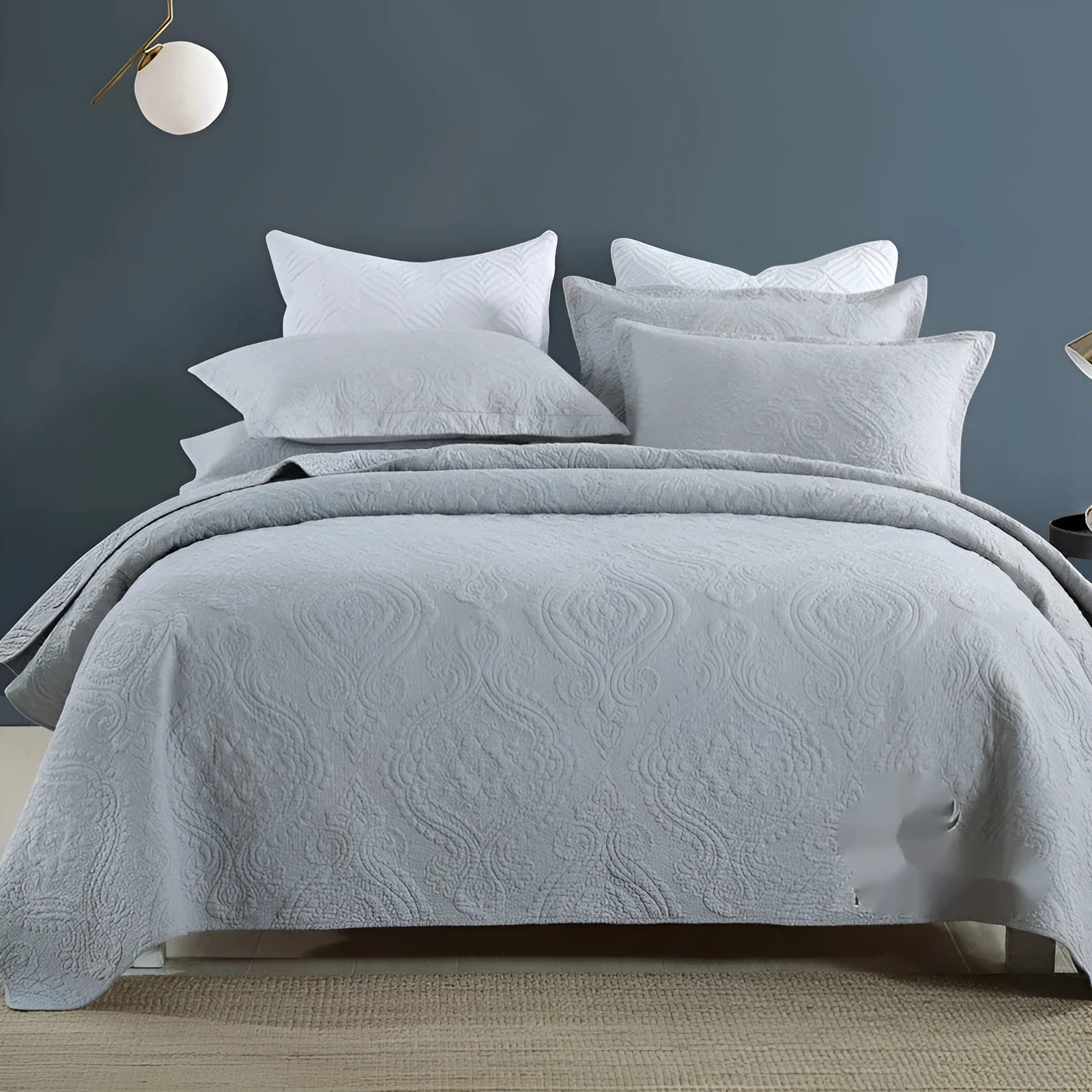 Pure cotton bed cover three-piece set in solid colours with embroidery detail for standard double beds