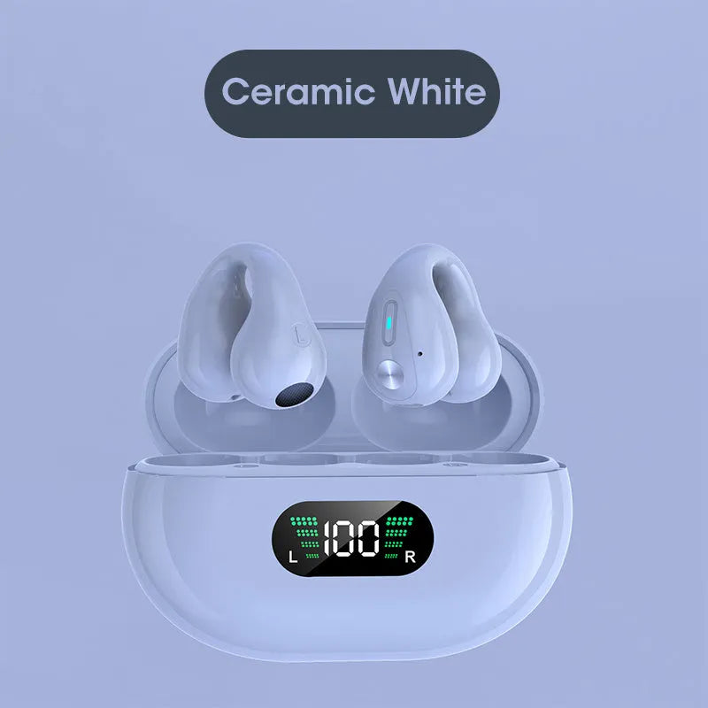 Bone conduction Bluetooth headset with ear clip in black, white, or khaki colour options.