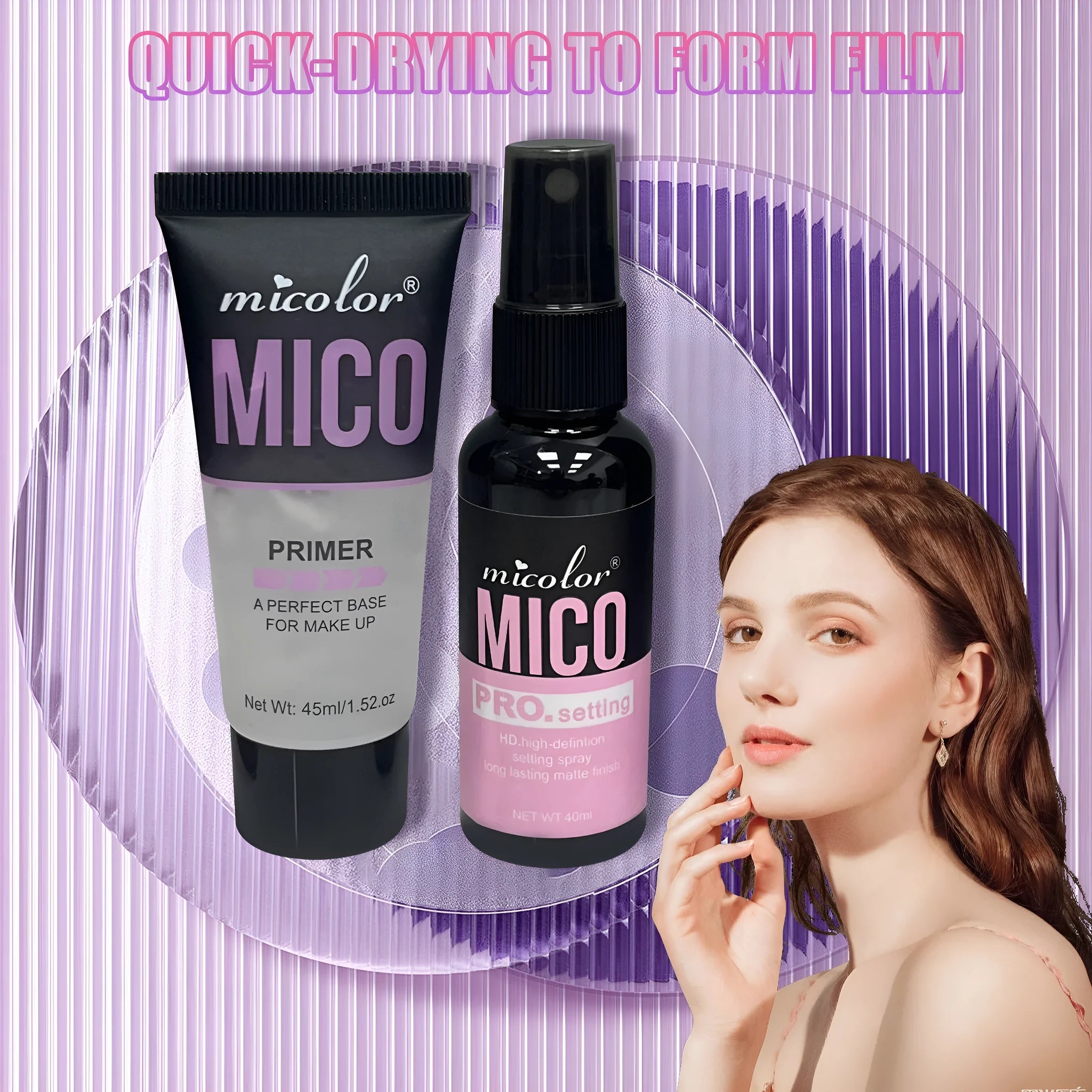 Make-up primer and finishing spray two-in-one cosmetic product with 45ml and 40ml bottles