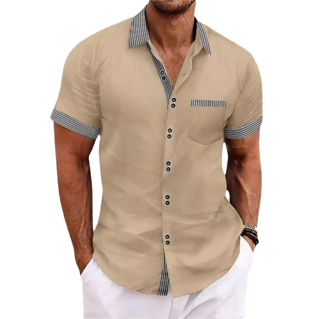 Men's striped short sleeve casual shirt in pure cotton with double buttons.