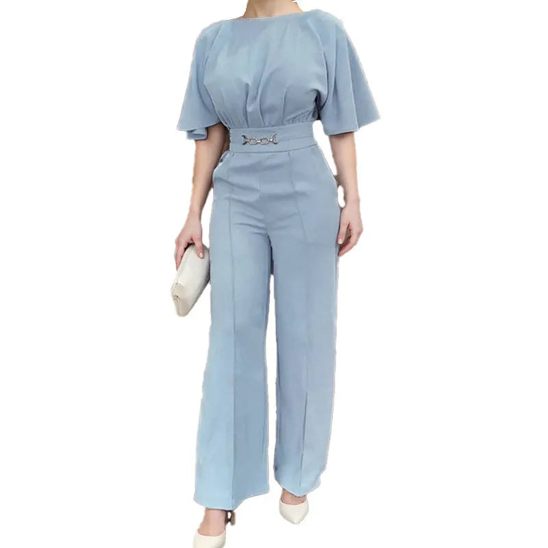 Blue polyester men's business suit with long-sleeved jacket and matching trousers