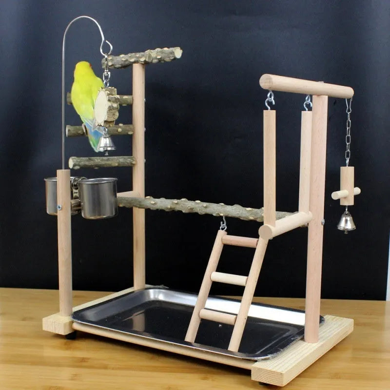 Natural pepper wood parrot toy stand pole with mounting points for bird accessories.