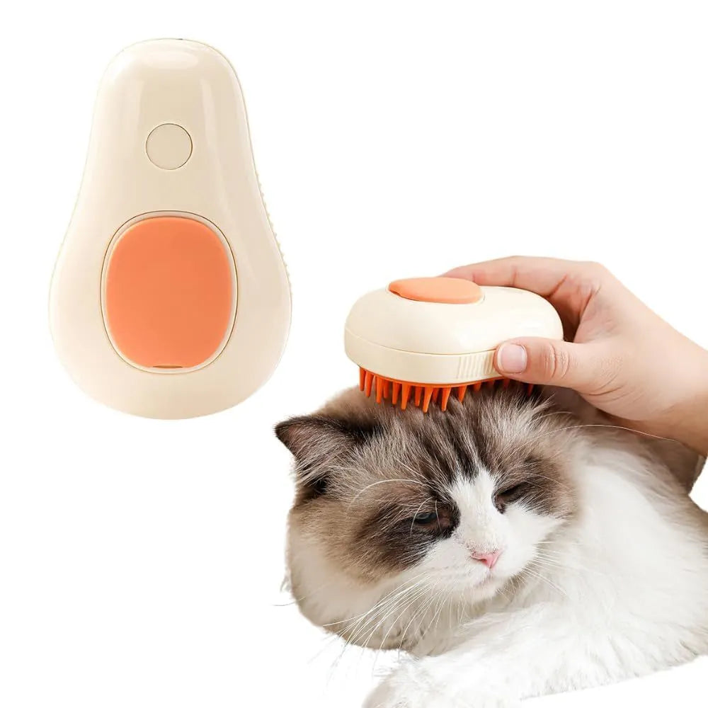 Green and white rechargeable cat steam brush with water spray nozzle and soft silicone teeth.