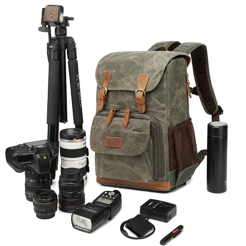 Canvas DSLR camera backpack in khaki colour showing organised storage compartments