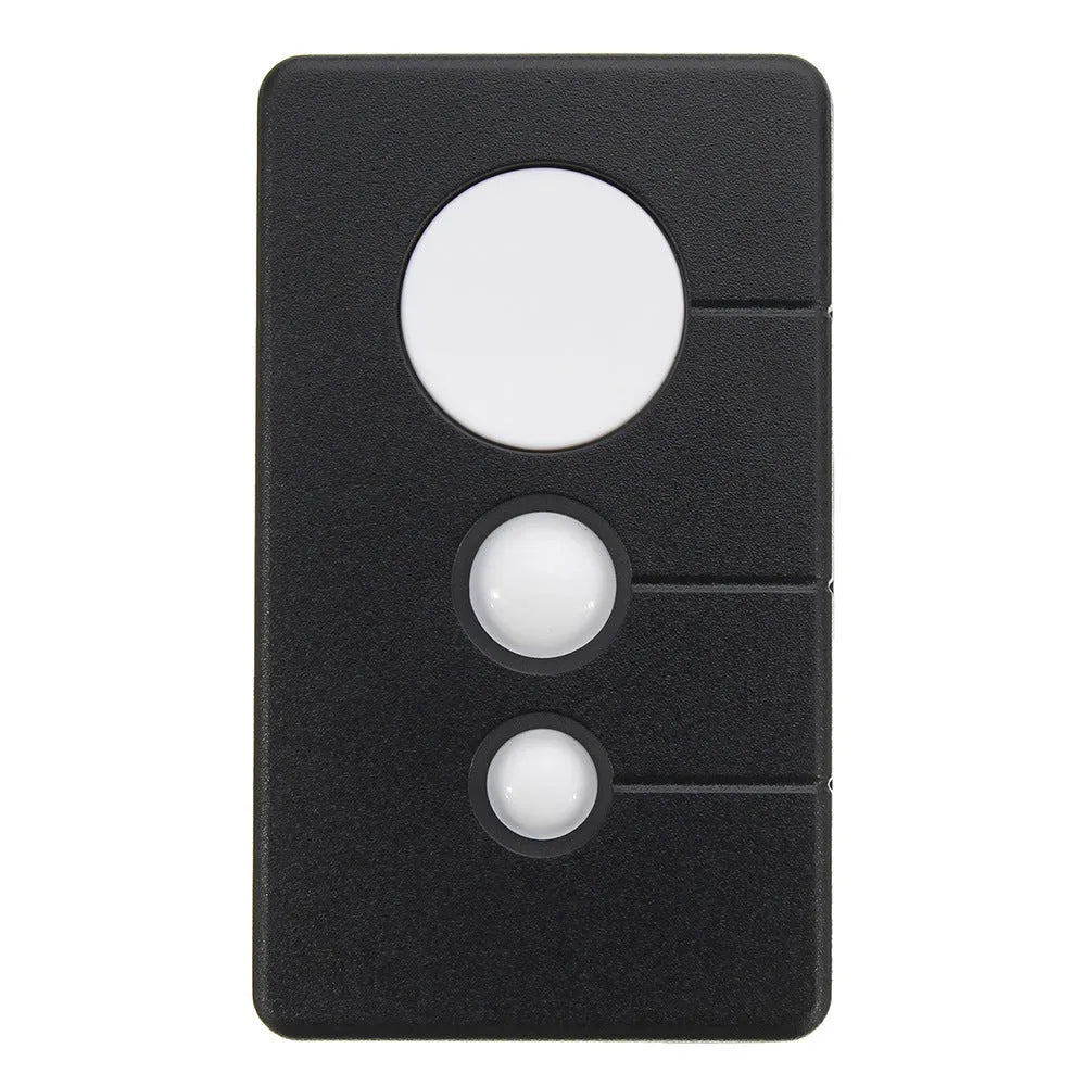 Black three-button LiftMaster garage door remote control with rolling code, showing dimensions.