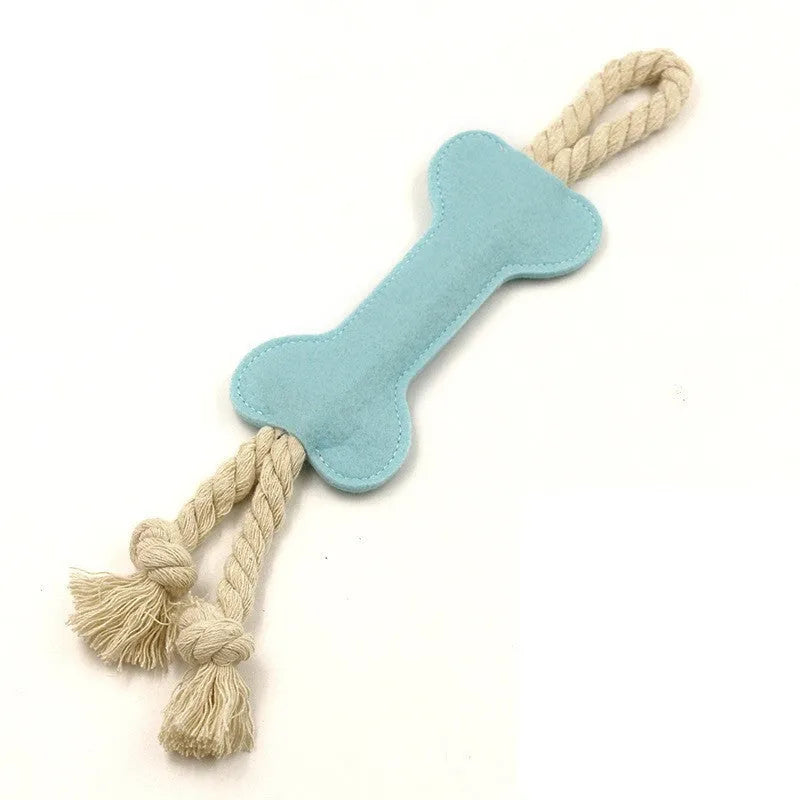 Felt bone shaped dog chew toy with rope knot texture in blue colour