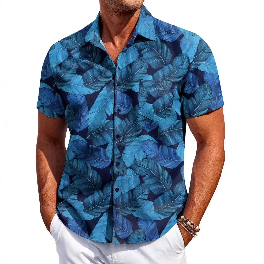 Men's slim fit Hawaiian short sleeve shirt cardigan in elastic polyester fabric