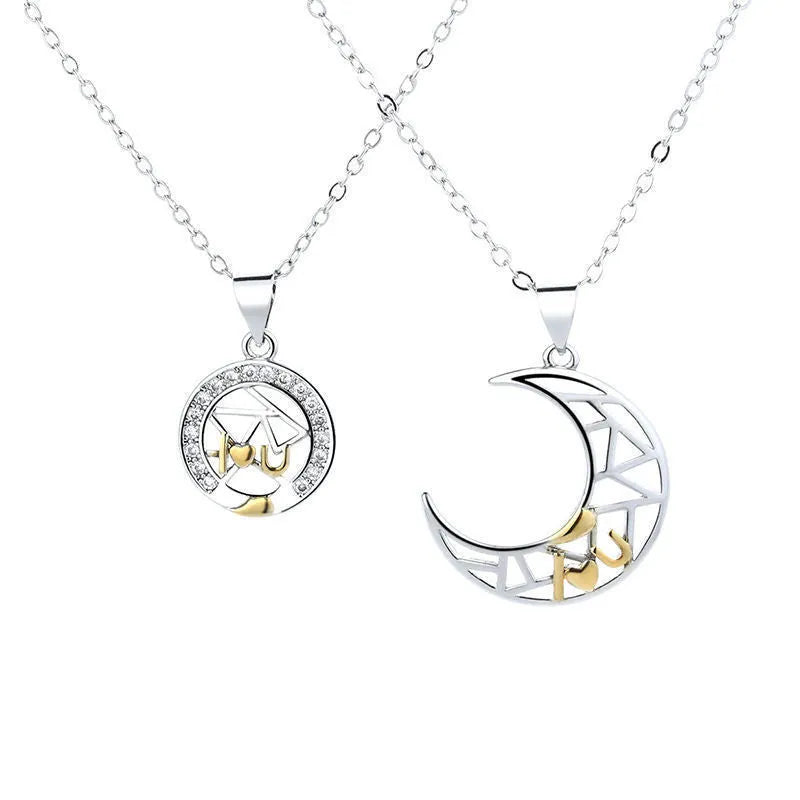 Sun and moon copper couple necklace set with electroplated finish on cross chain