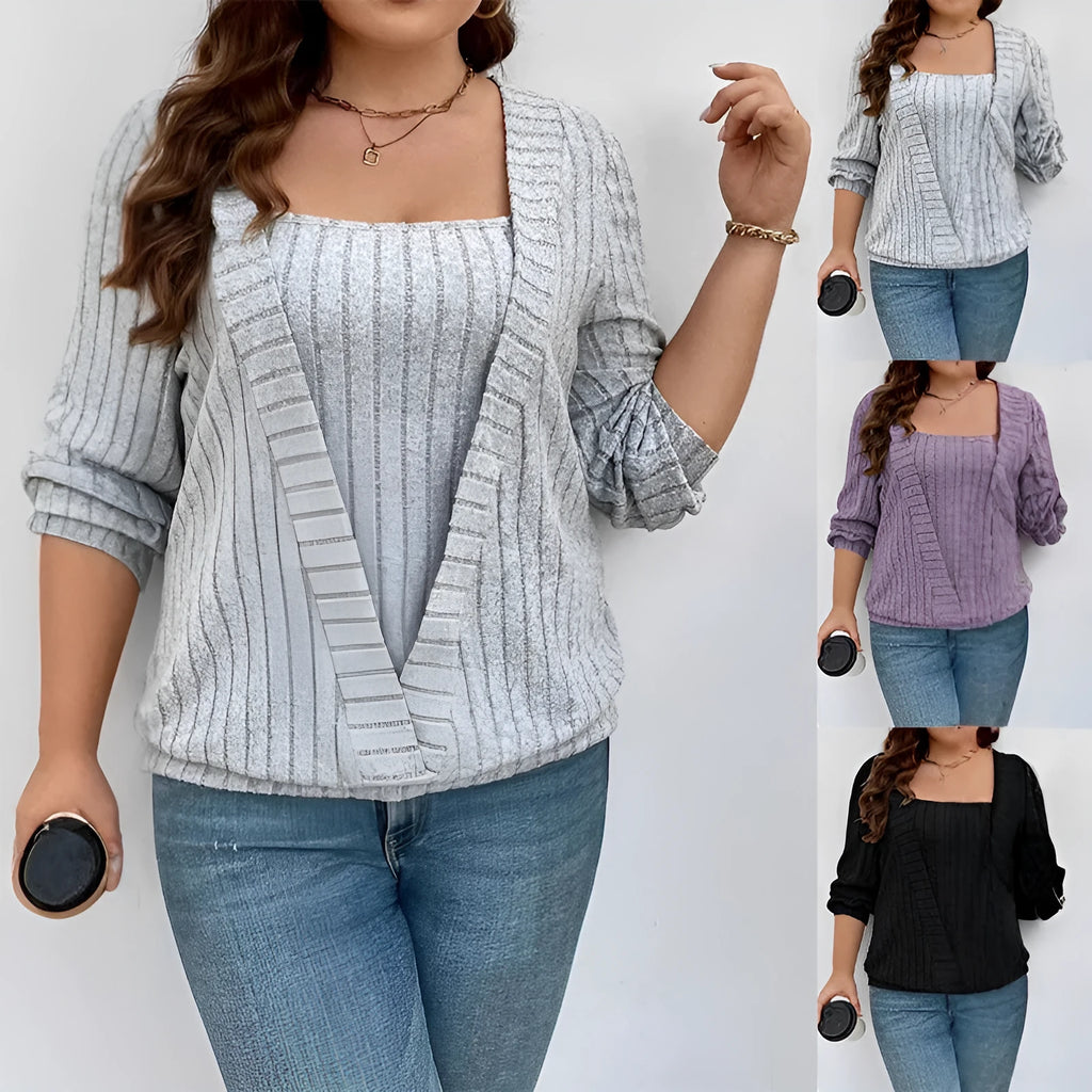 Women's solid colour V-neck long sleeve false two-piece suit in loose rib fabric fit.