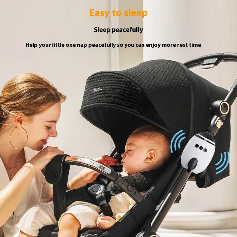 White portable baby stroller shaking device with Bluetooth for white noise, measuring 12 by 9.3 by 8 cm.