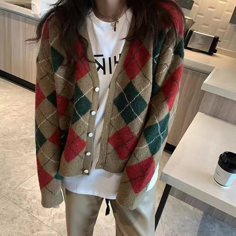 Knitted casual cardigan in macaron colours including pink, green, black for Japanese Korean style wear