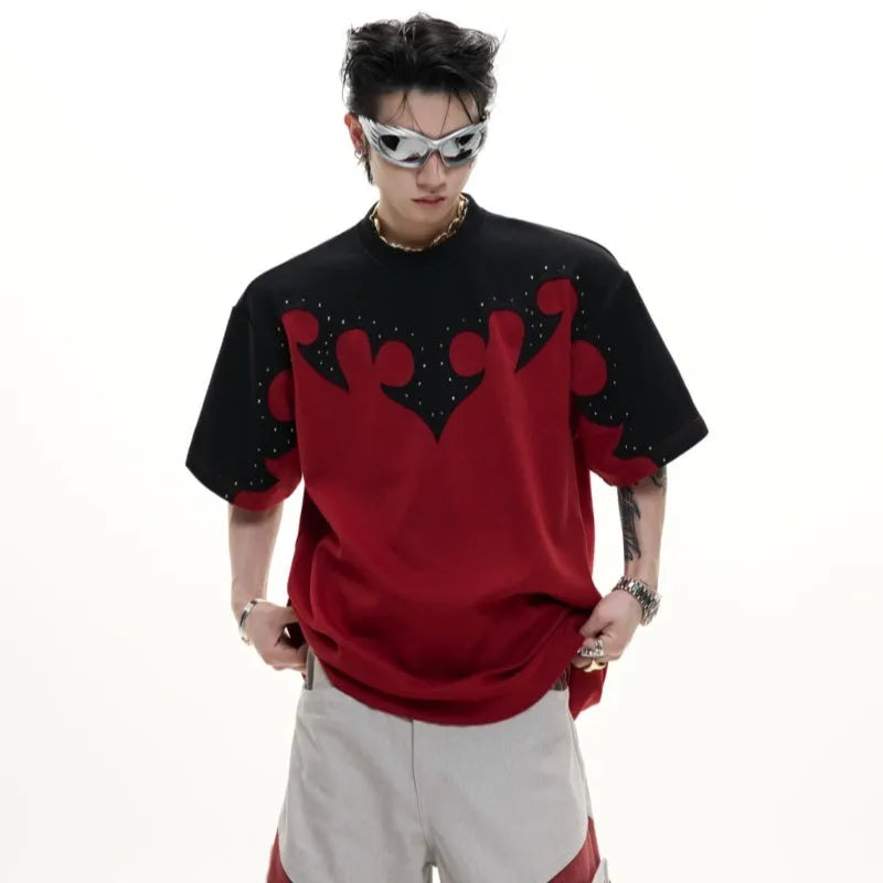 Men's red cotton T-shirt with three-dimensional stitching patterns and rhinestone detailing on front