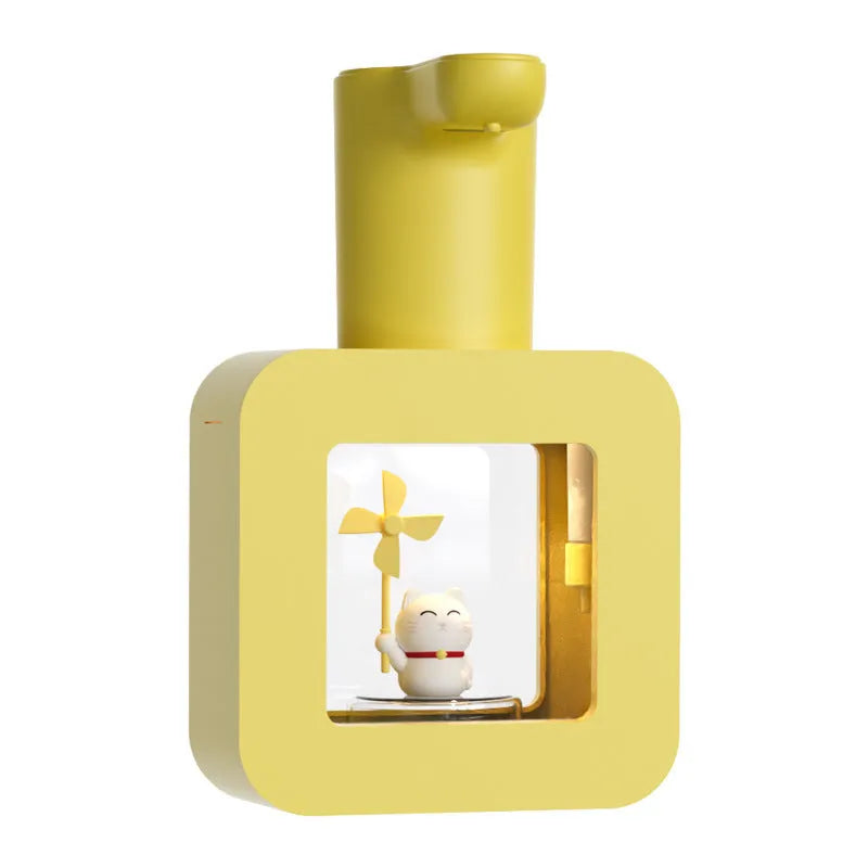 Pink automatic touchless soap dispenser with unicorn cartoon design for children's bathrooms