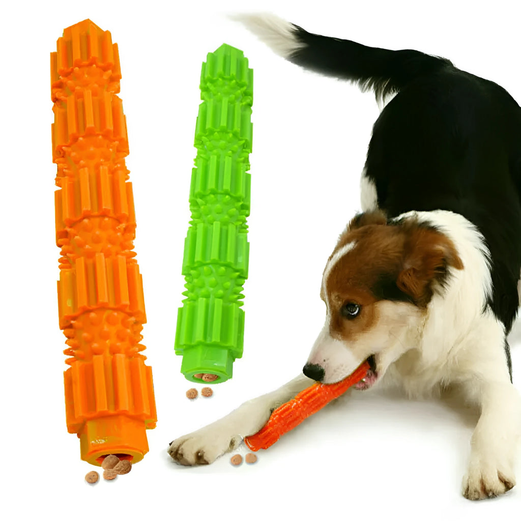 Green and orange durable rubber dog chew toy with treat dispenser for aggressive chewers