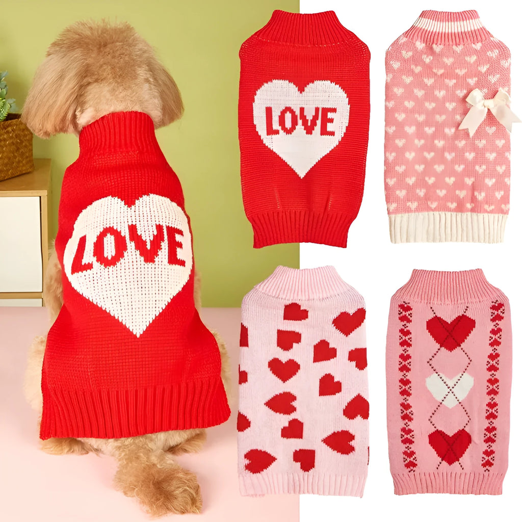 Red love heart and pink bow design dog jumper for small breed indoor wear