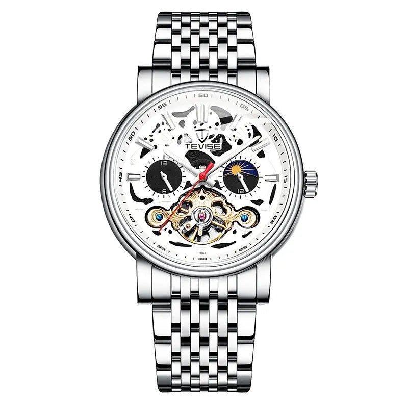 Men's black tourbillon mechanical watch with luminous hands on a leather strap, showing 16.5mm thickness.