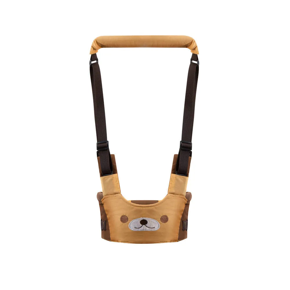 Blue cotton baby walking harness belt with straps, shown being used to support a toddler learning to walk.