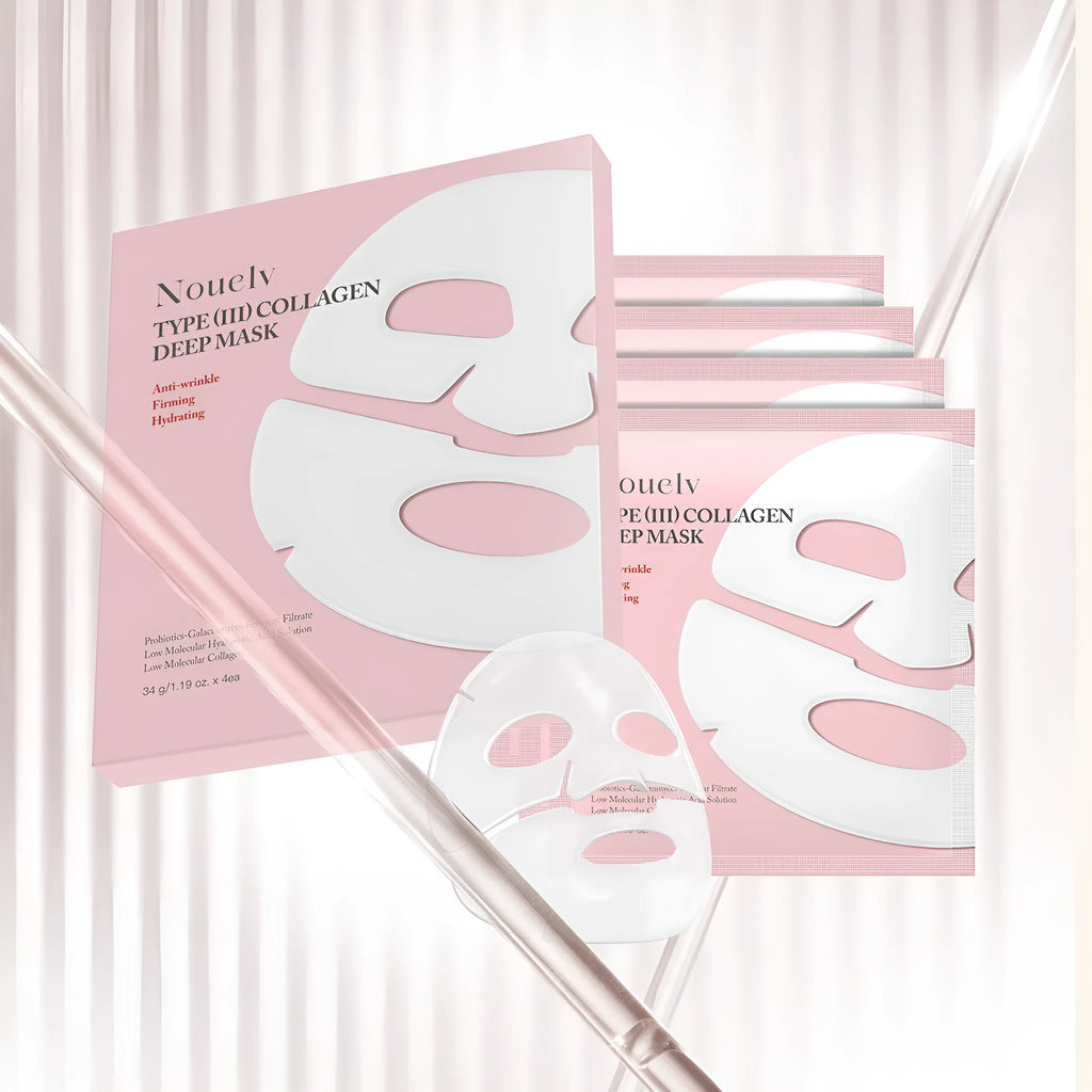 Box containing four collagen layered patch sheet masks for facial skincare.