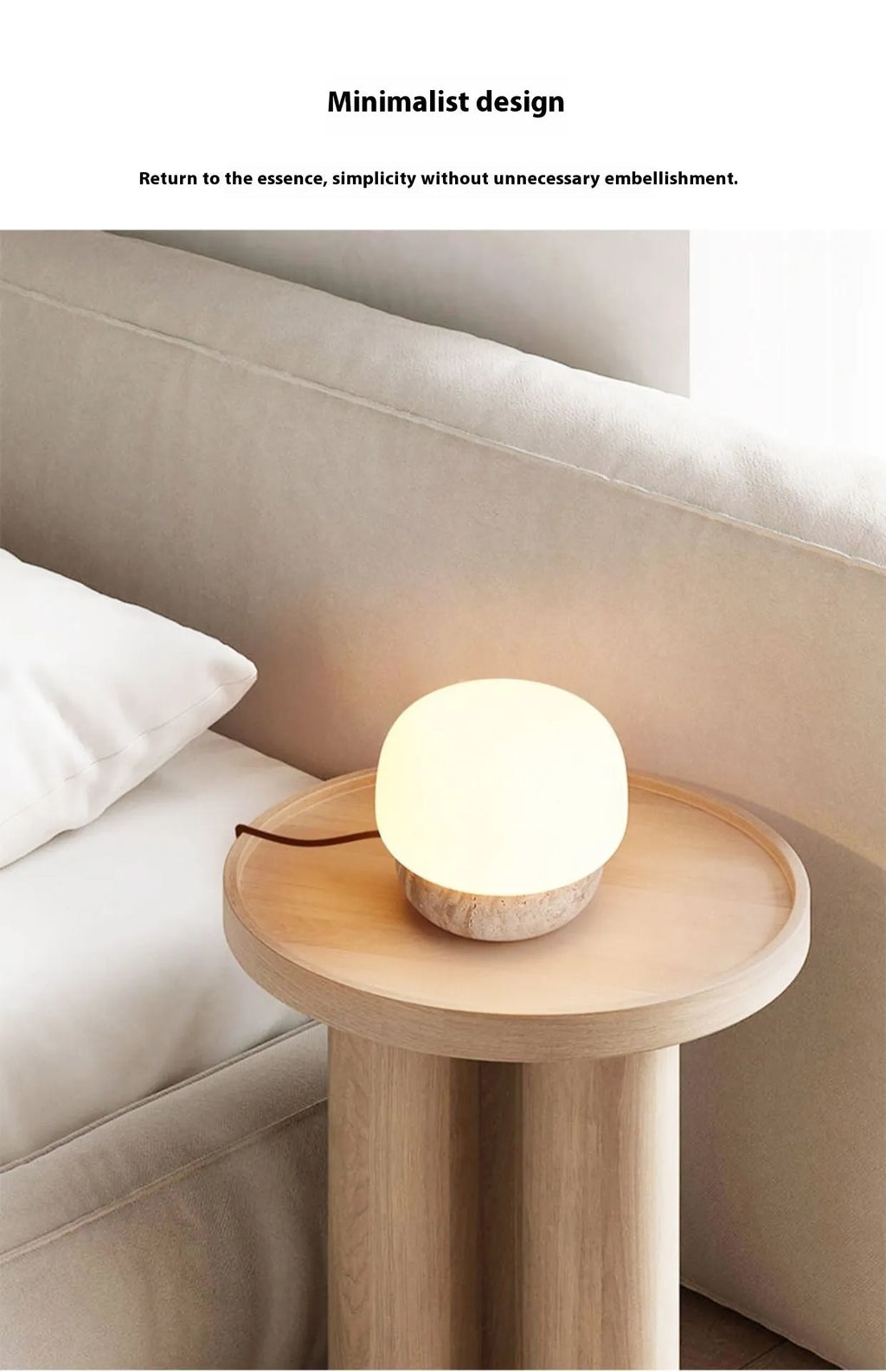 Cream coloured retro style bedside lamp with a button switch, measuring 18cm by 17cm.