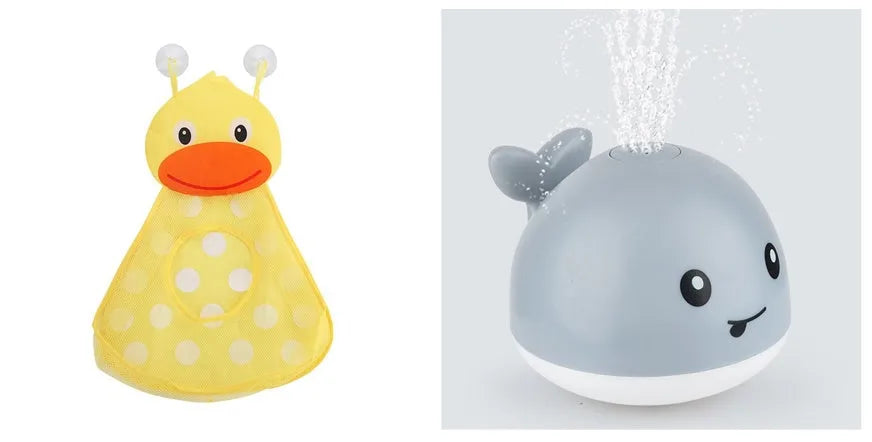 Electric whale bath toy spraying water with flashing LED lights in baby bath