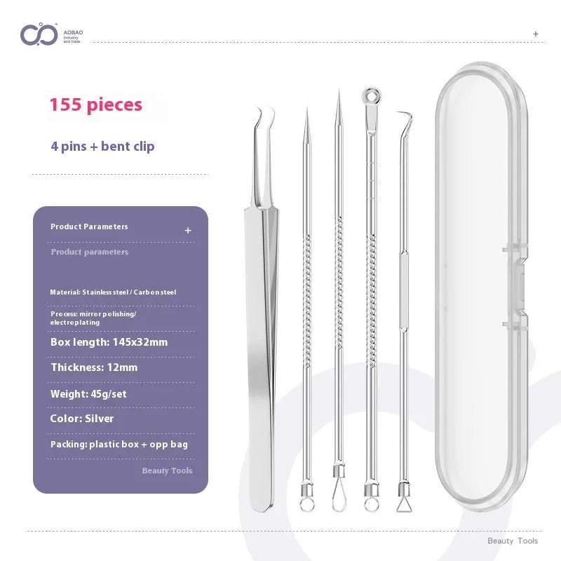 Four silver metal acne needles with ultra-fine pointed tips for skincare treatment.