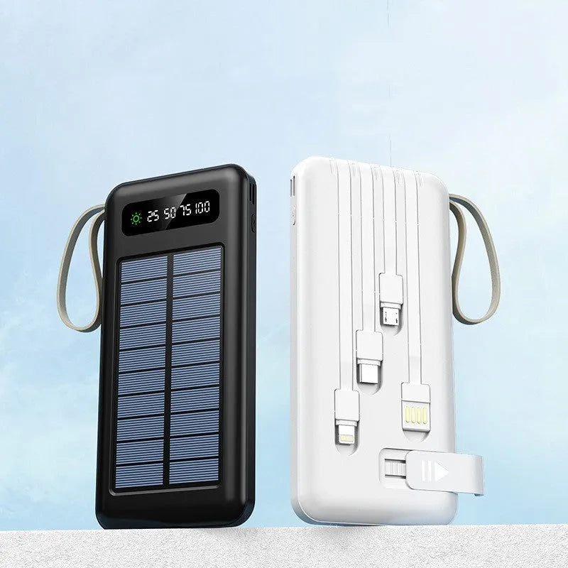 Solar power bank in black or white with capacity display showing 20000mAh or 30000mAh options