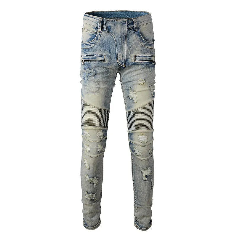 Light blue men's slim fit distressed jeans with hand-frayed details and a straight leg cut.