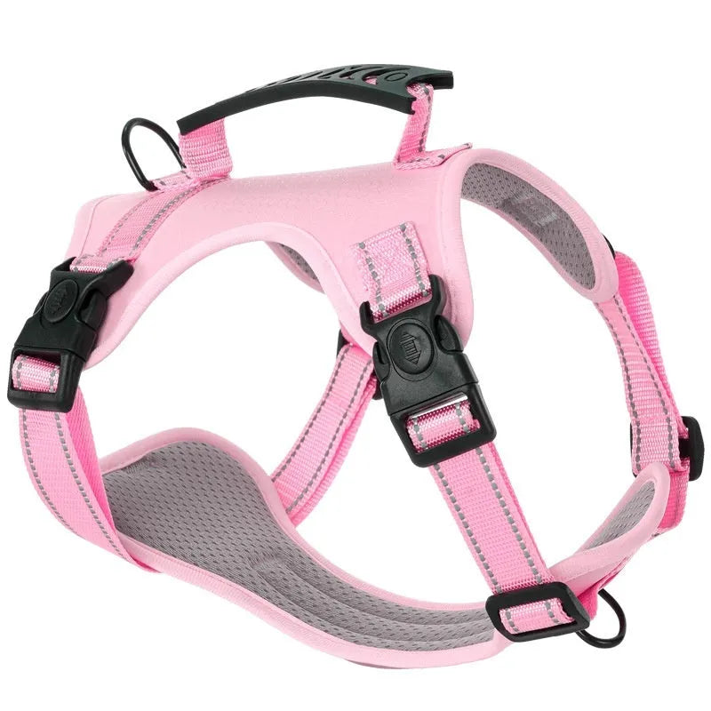 Adjustable polyester dog chest harness and lead in various colours on a white background