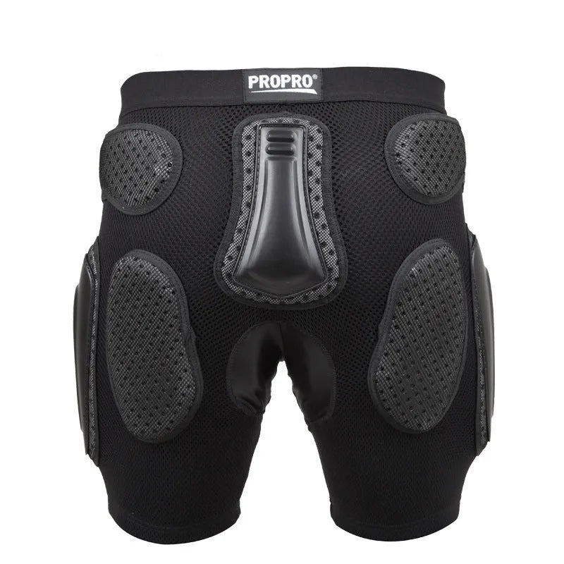 Black cycling hip protection pants with integrated padding for mountain and road biking safety