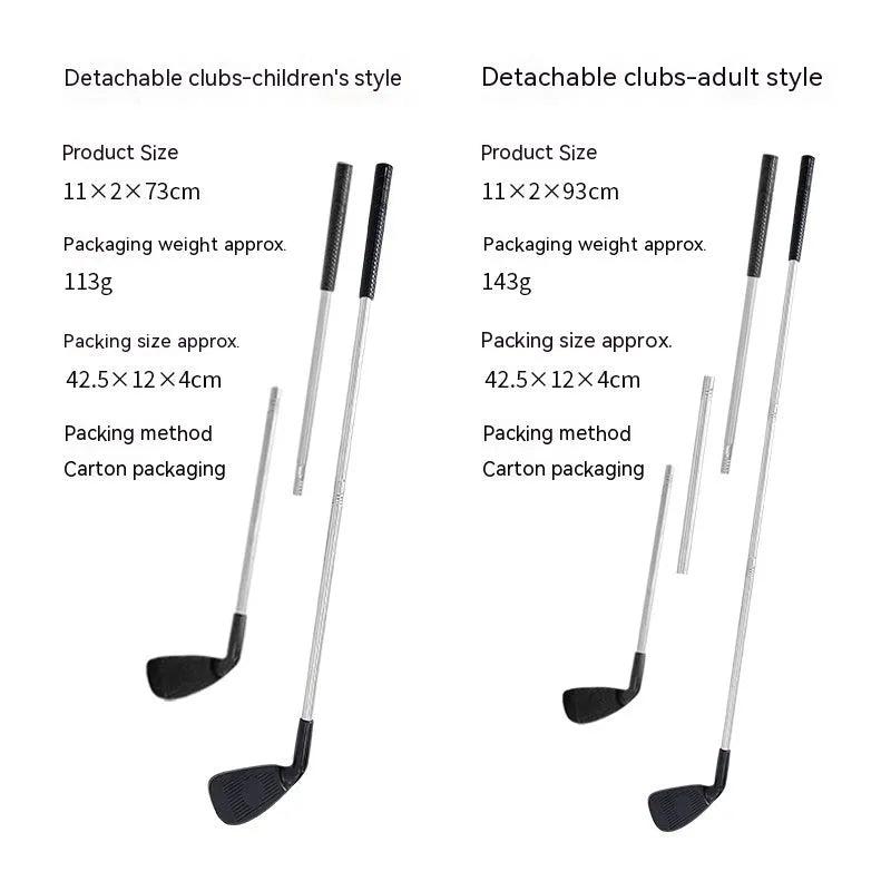 Metal golf club set showing adult and children's sizes for outdoor practice and recreational sports