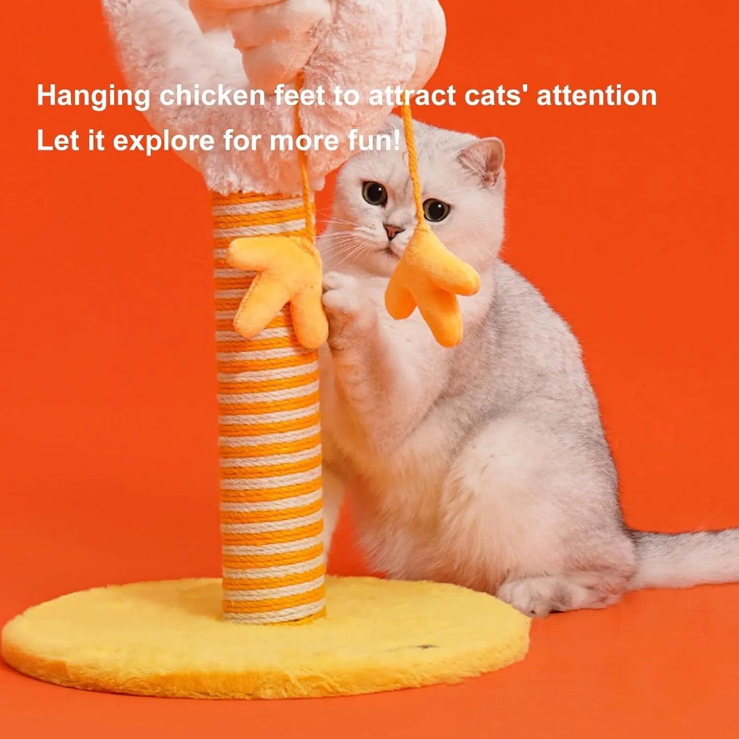 Yellow vertical cat scratching post with sisal wrapping and a spring ball toy attached.