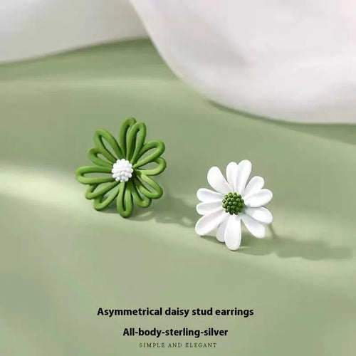 Alloy cartoon flower stud earrings in blue and orange, white and green, or yellow and white two-tone colours.