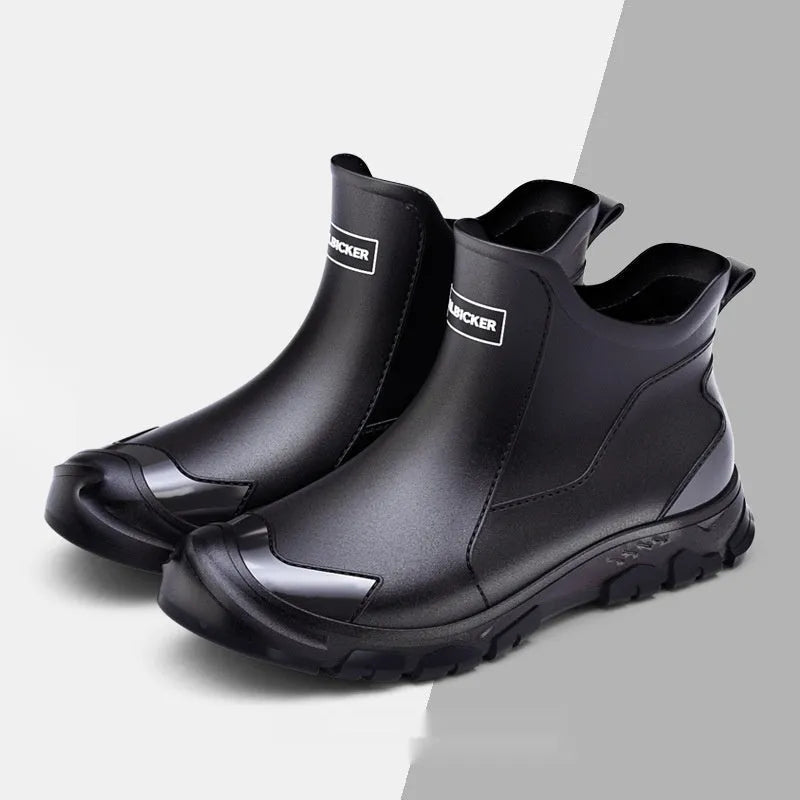 Outdoor wading shoes with PVC uppers and plastic soles in low tube rain boot design