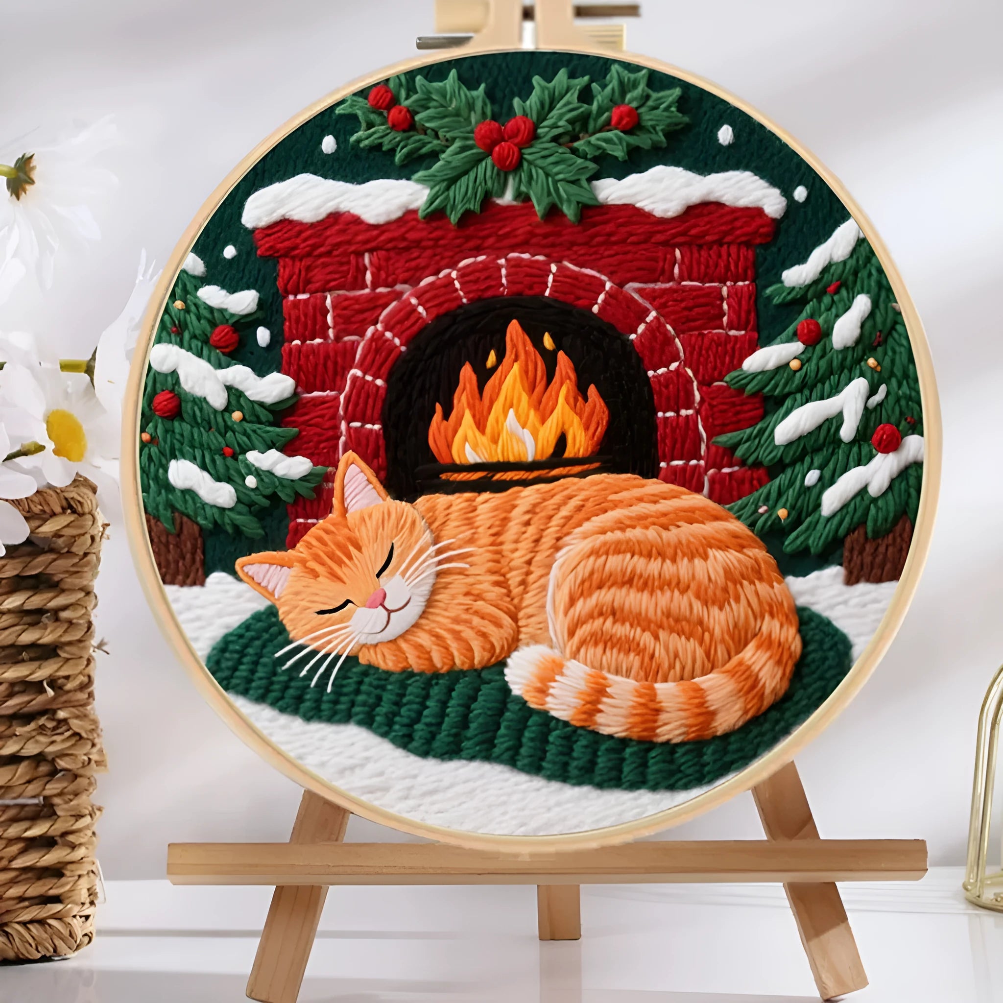 Embroidery kit with cotton linen fabric, 20cm imitation bamboo hoop, and scissors for autumn fruit design.