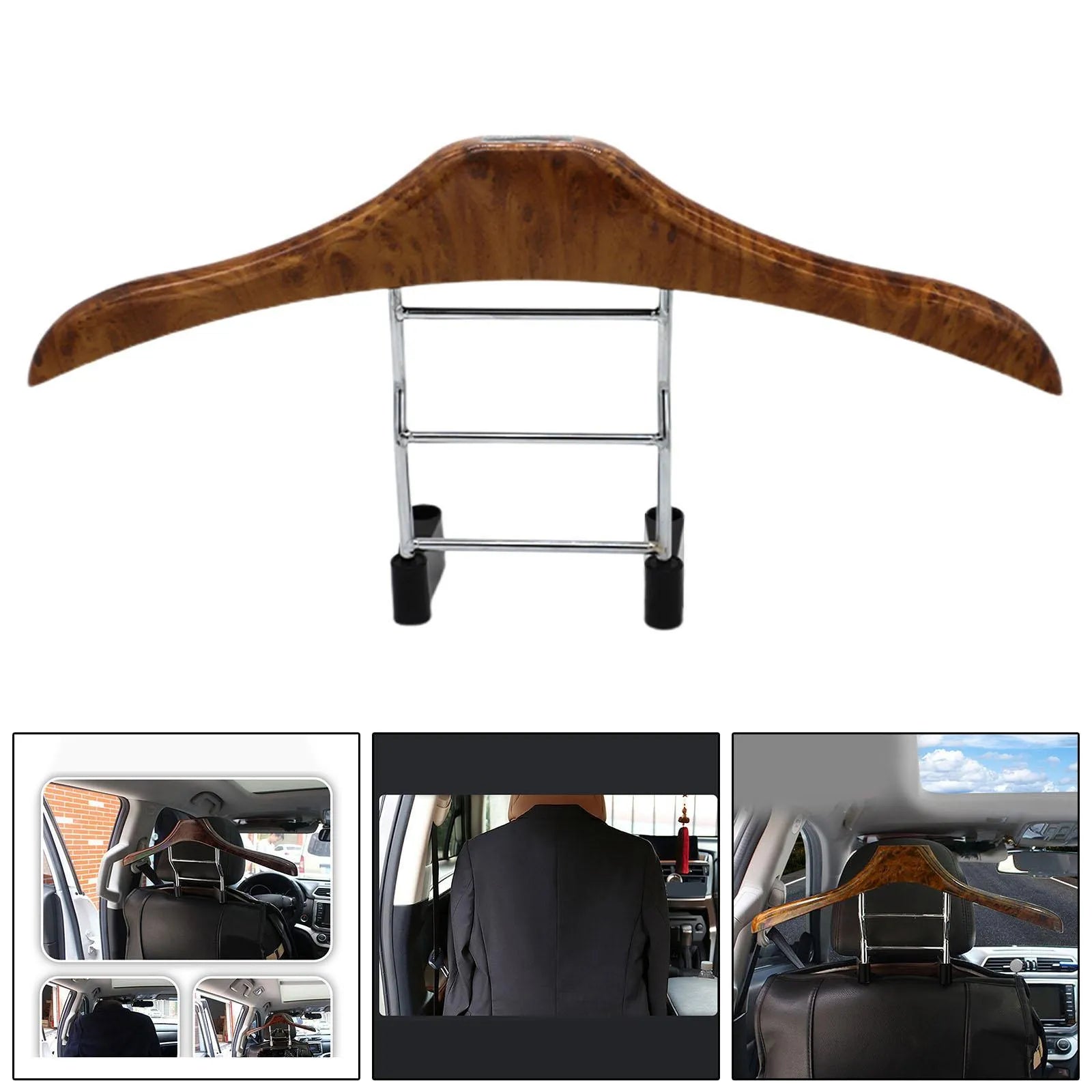Wood yellow stainless steel car mounted clothes hanger with detachable hook for suits and coats