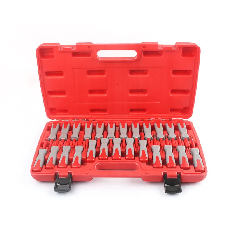 25-piece car terminal removal tool set with coloured keys in a black storage case for wire harness disassembly.