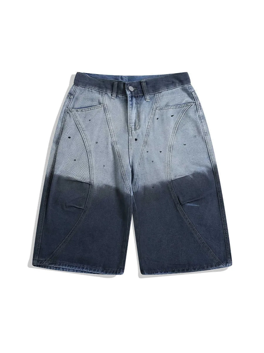 Blue tie-dye gradient cropped jeans with loose casual fit and washed-out finish