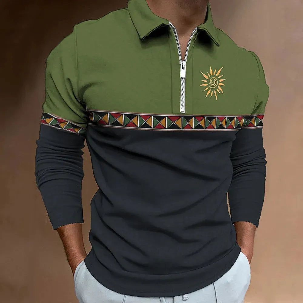 Men's retro colour print long sleeve t-shirt with zipper decorations in loose fit