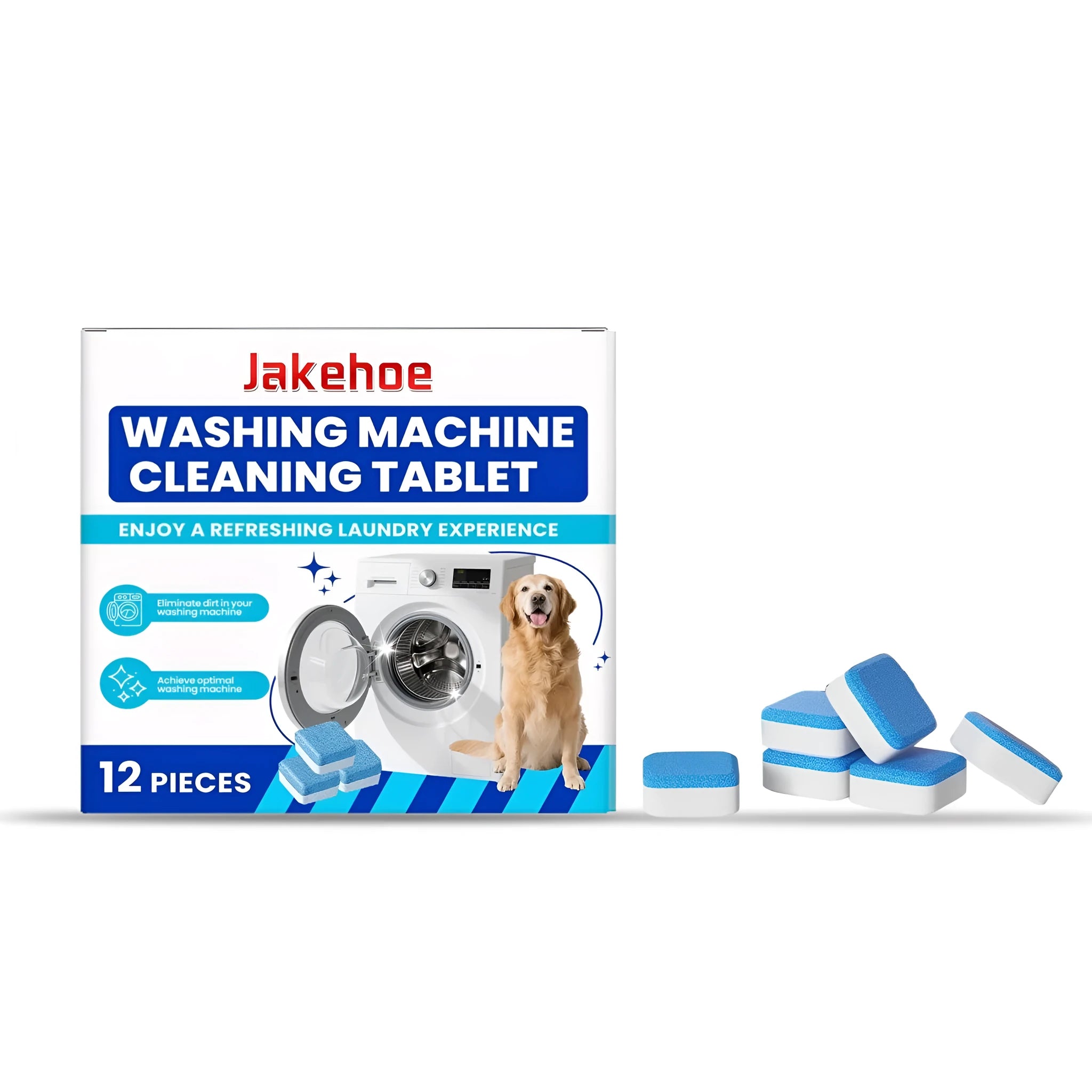Pack of 12 white washing machine cleaning tablets for automatic washer maintenance