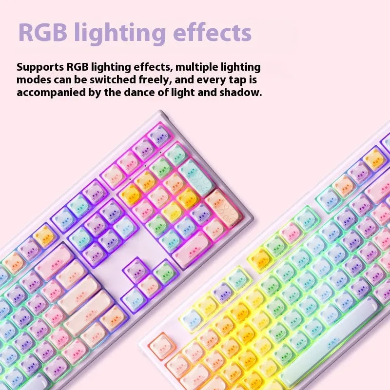 Bluetooth mechanical keyboard with sugar cat design in MG108B colours showing piano-style switches