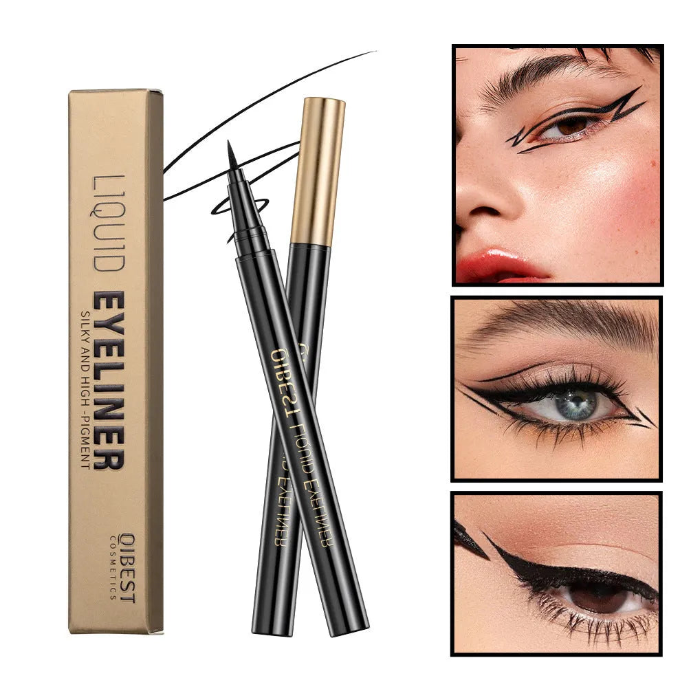 Black liquid eyeliner pen with sweat-proof and quick-drying properties.