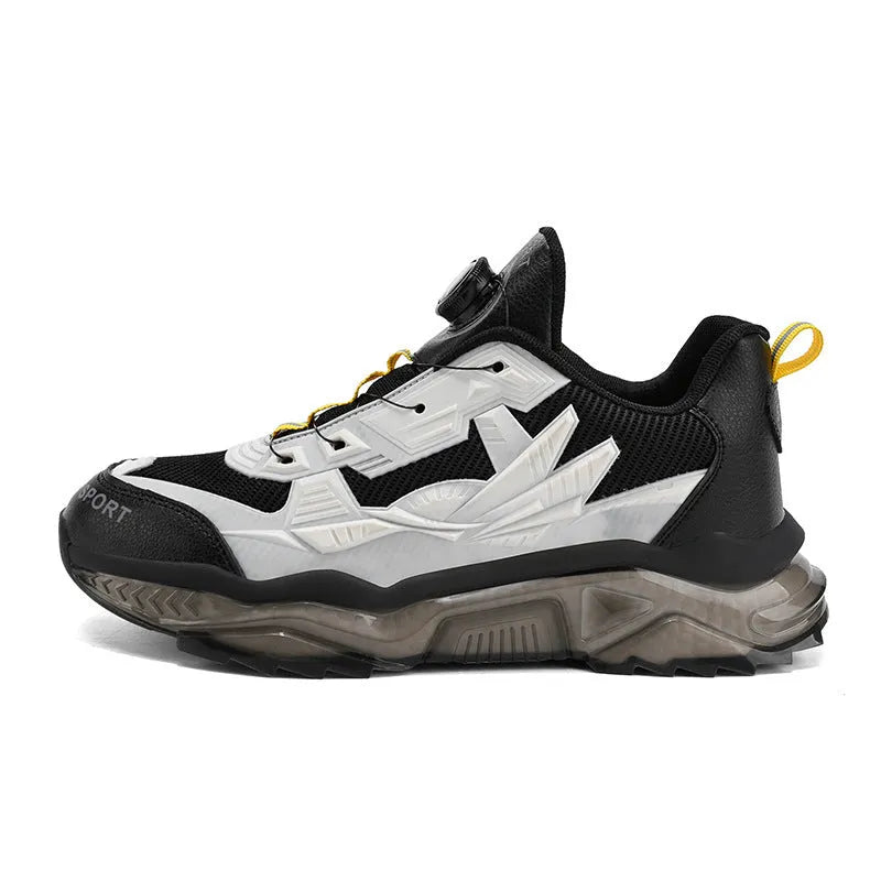 Men's black rotating button dad shoes with mesh upper and platform sole