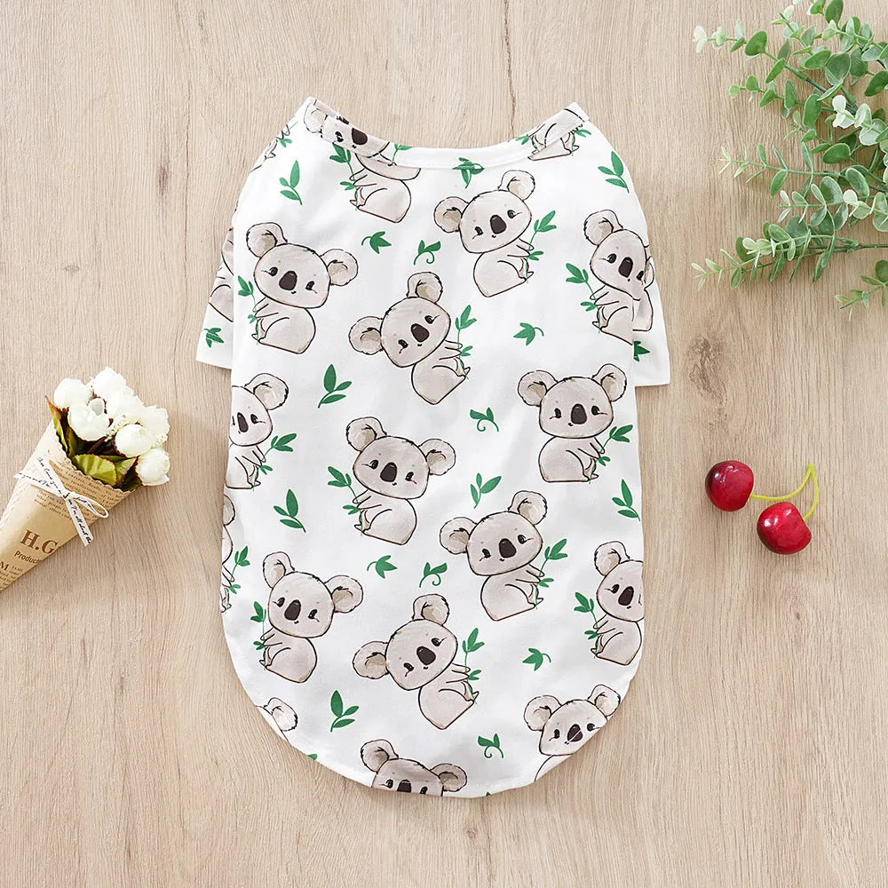 Full printed polyester t-shirt for small dogs in various colours, showing size chart for S, M, L, XL, XXL.