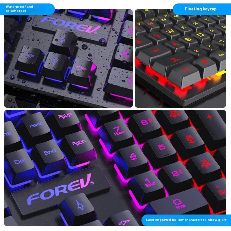 Black 104-key backlit gaming keyboard and mouse with compact 37.5cm width design