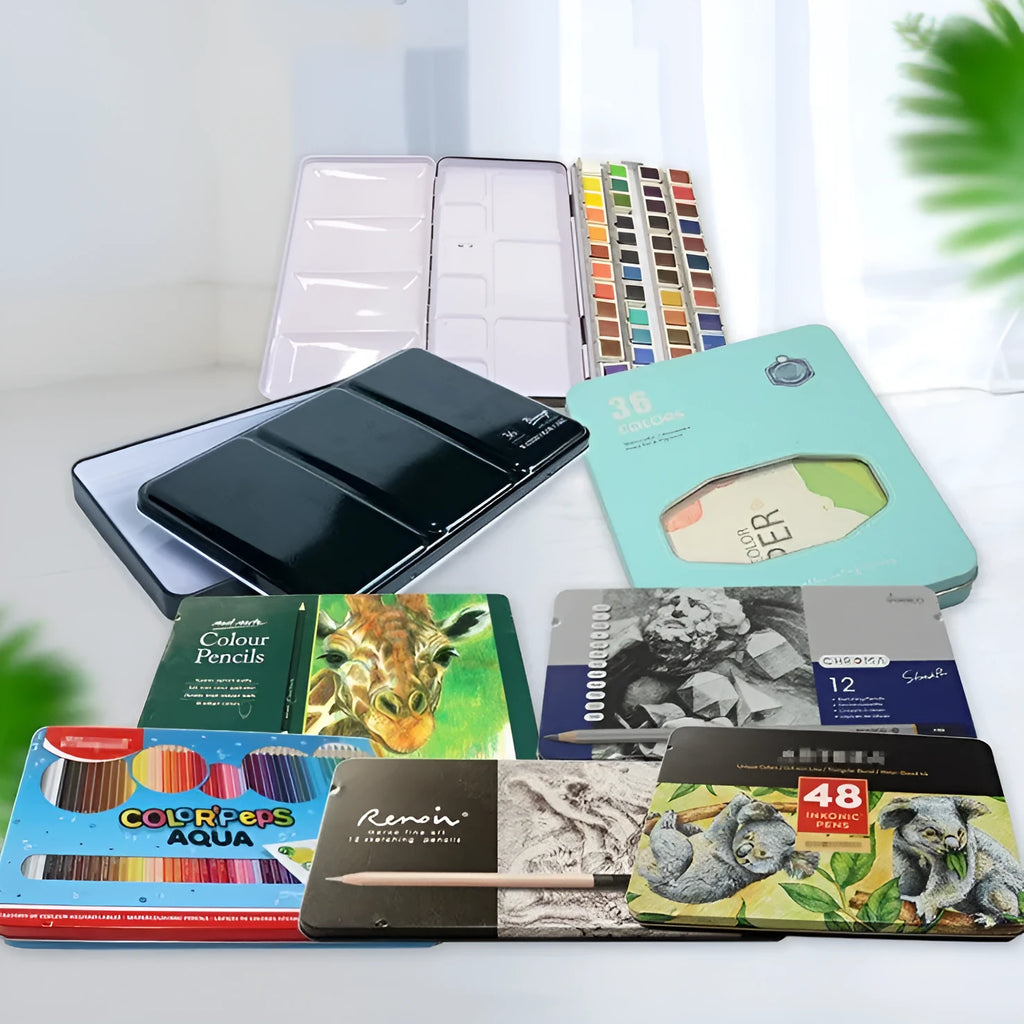 Tinplate folding watercolour paint box for solid pigments in three size configurations
