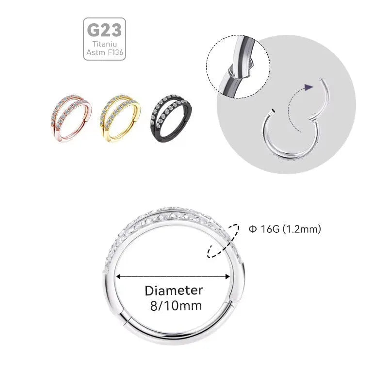 G23 titanium alloy nose ring and earring with zircon crystal treatment in gold or steel colour finish