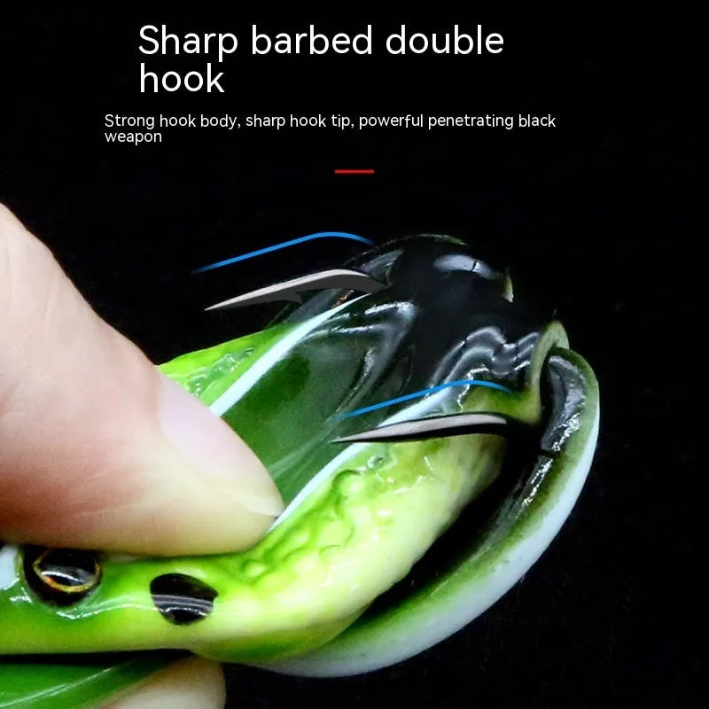 Bionic frog snake head fishing lure with double hooks in grass green and black/yellow dots colour options