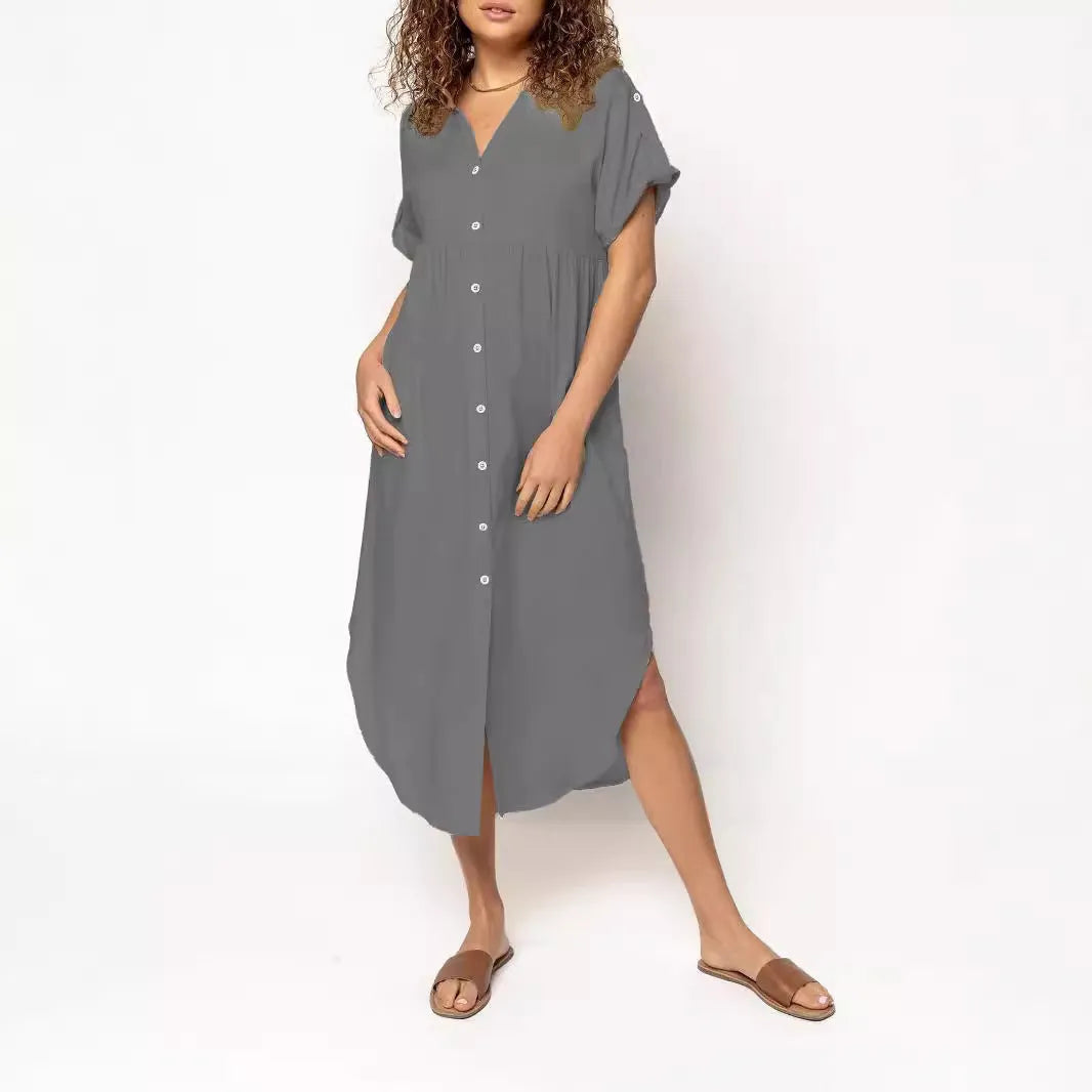 Loose casual mid-length dress with button-front design in solid colours