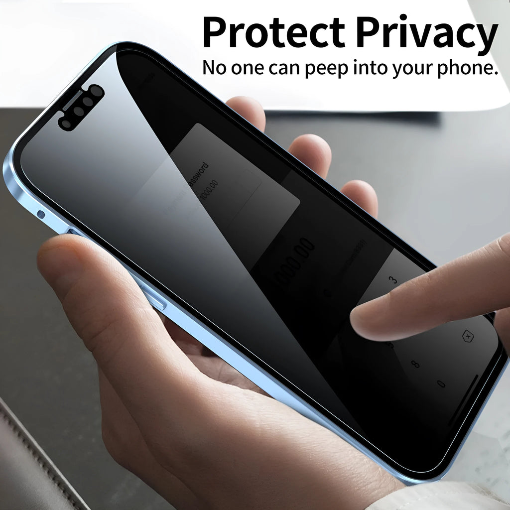 Double-sided metal privacy-proof phone case for iPhone in black, red, gold, silver, pink, light purple, navy blue, and yuanfeng blue.